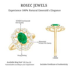 Vintage Looking Oval Emerald Designer Engagement Ring with Moissanite