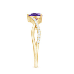 Heart Shape Amethyst Solitaire Crossover Ring with Diamond