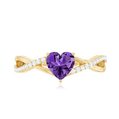 Heart Shape Amethyst Solitaire Crossover Ring with Diamond