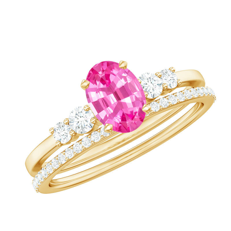 1.50 CT Oval Cut Solitaire Created Pink Sapphire Ring Set with Diamond