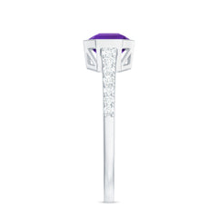 Bezel Asscher Amethyst Solitaire Ring with Diamond Side Stones