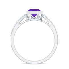 Bezel Asscher Amethyst Solitaire Ring with Diamond Side Stones