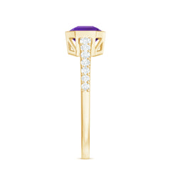 Bezel Asscher Amethyst Solitaire Ring with Diamond Side Stones