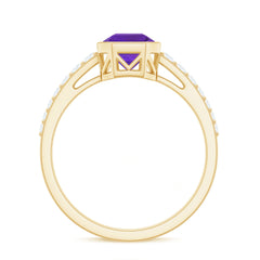 Bezel Asscher Amethyst Solitaire Ring with Diamond Side Stones