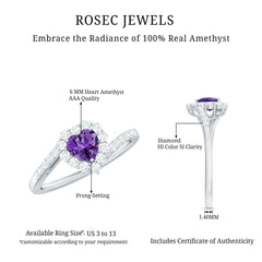 1.5 CT Heart Shape Amethyst Bypass Promise Ring with Diamond Halo