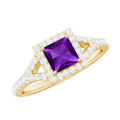 Amethyst Split Shank Halo Engagement Ring with Moissanite