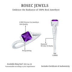Princess Amethyst and Diamond Bypass Engagement Ring