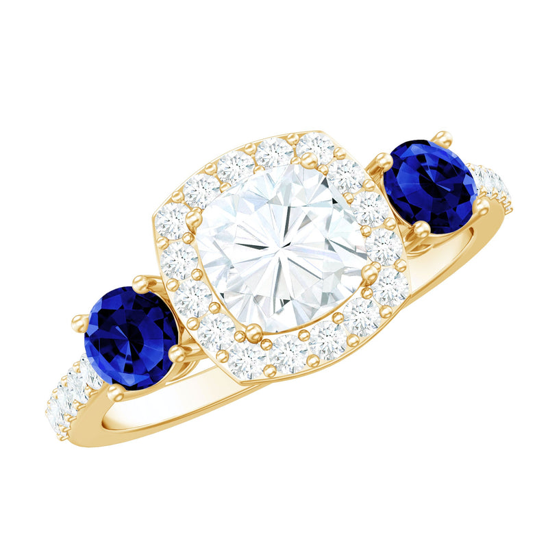 Certified 1.7 Carat Cushion Cut Lab Grown Diamond Engagement Ring with Blue Sapphire