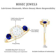 Certified 1.7 Carat Cushion Cut Lab Grown Diamond Engagement Ring with Blue Sapphire