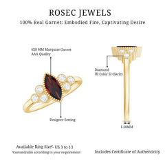 Natural 4X8mm Garnet Marquise Engagement Ring with Diamond