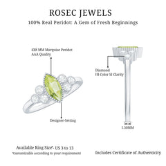 Natural 0.7 Carat Marquise Shape Peridot Engagement Ring with Diamond