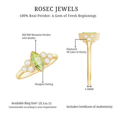 Natural 0.7 Carat Marquise Shape Peridot Engagement Ring with Diamond