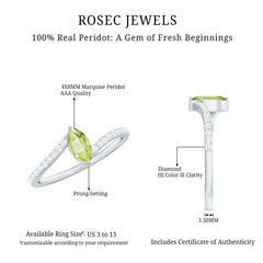 Real 0.7 Carat Peridot Marquise Promise Ring with Diamond Bypass Shank