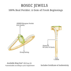Real 0.7 Carat Peridot Marquise Promise Ring with Diamond Bypass Shank