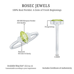 Natural 0.7 Carat Marquise Peridot Promise Ring with Diamond