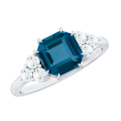 Asscher Cut London Blue Topaz Solitaire Engagement Ring with Diamond Trio