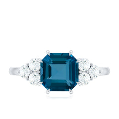 Asscher Cut London Blue Topaz Solitaire Engagement Ring with Diamond Trio