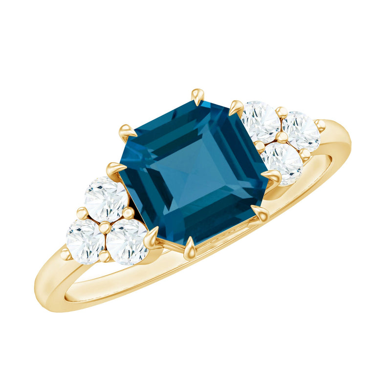Asscher Cut London Blue Topaz Solitaire Engagement Ring with Diamond Trio