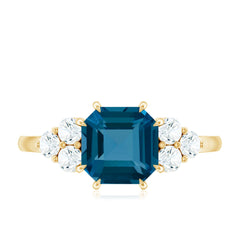 Asscher Cut London Blue Topaz Solitaire Engagement Ring with Diamond Trio