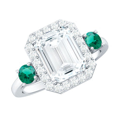 Certified 7X9 mm Moissanite Emerald Cut Engagement Ring with Emerald