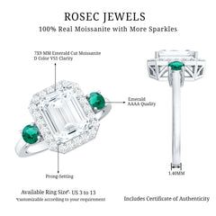 Certified 7X9 mm Moissanite Emerald Cut Engagement Ring with Emerald