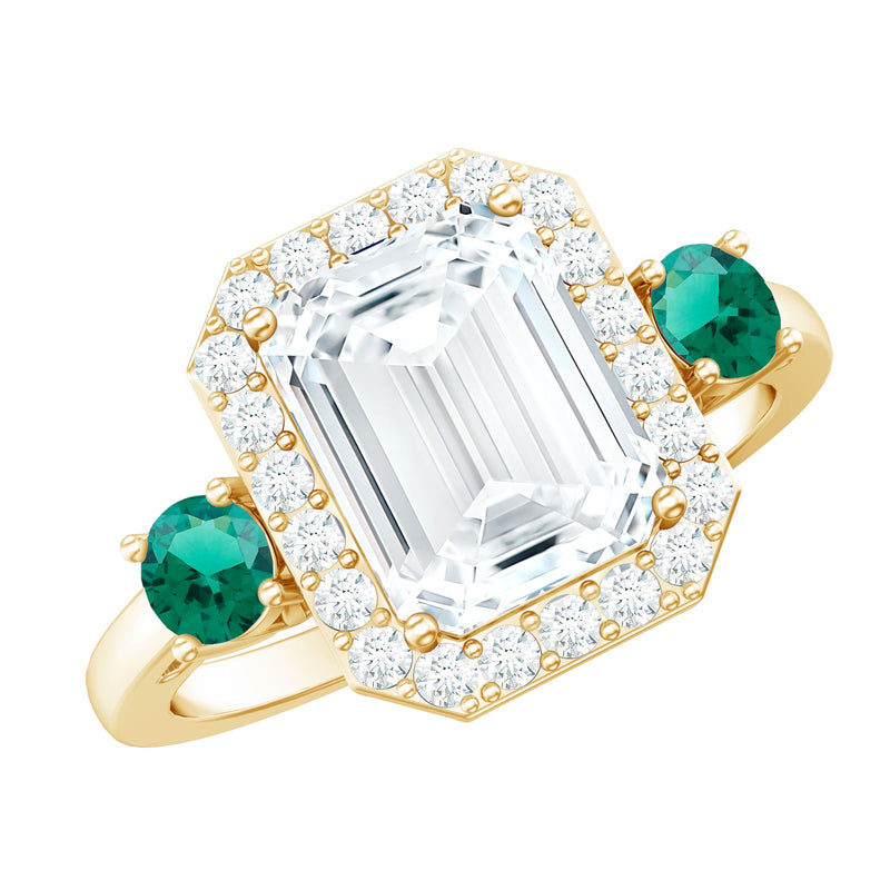 Certified 7X9 mm Moissanite Emerald Cut Engagement Ring with Emerald