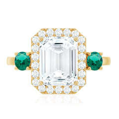 Certified 7X9 mm Moissanite Emerald Cut Engagement Ring with Emerald