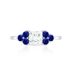 Moissanite Princess Cut Engagement Ring With Lab Grown Blue Sapphire