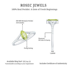 Natural 0.7 Carat Marquise Shape Peridot Promise Ring with Diamond Split Shank