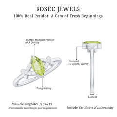 Certified Real 0.7 Carat Marquise Peridot Promise Ring with Diamond