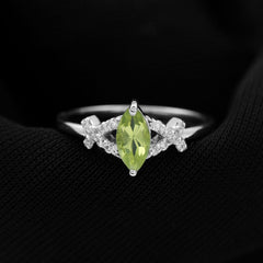 Certified Real 0.7 Carat Marquise Peridot Promise Ring with Diamond