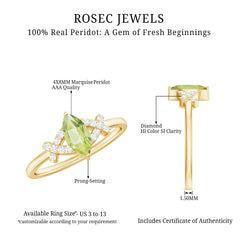 Certified Real 0.7 Carat Marquise Peridot Promise Ring with Diamond