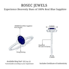 1 CT Oval Cut Blue Sapphire Classic Solitaire Ring with Diamond Halo
