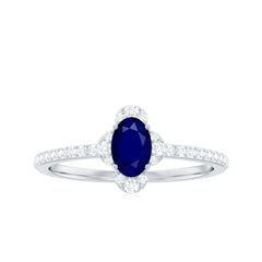 1 CT Oval Cut Blue Sapphire Classic Solitaire Ring with Diamond Halo