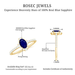 1 CT Oval Cut Blue Sapphire Classic Solitaire Ring with Diamond Halo