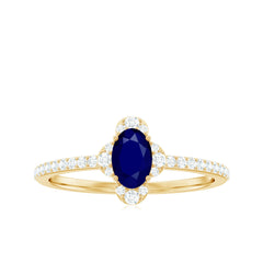 1 CT Oval Cut Blue Sapphire Classic Solitaire Ring with Diamond Halo