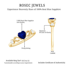 3/4 CT Minimal Blue Sapphire Heart Engagement Ring with Diamond