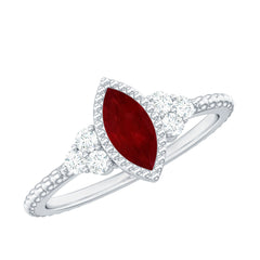 Vintage Style 0.75 Carat Ruby Marquise Engagement Ring with Diamond Trio
