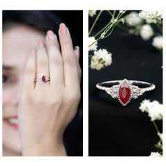 Vintage Style 0.75 Carat Ruby Marquise Engagement Ring with Diamond Trio