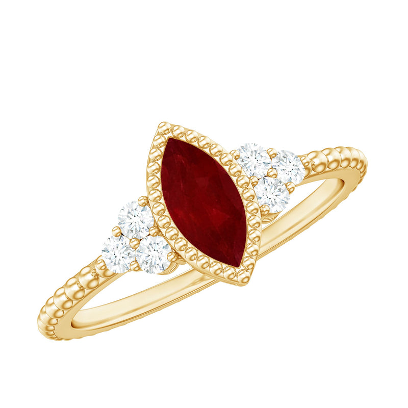 Vintage Style 0.75 Carat Ruby Marquise Engagement Ring with Diamond Trio