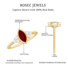 Vintage Style 0.75 Carat Ruby Marquise Engagement Ring with Diamond Trio