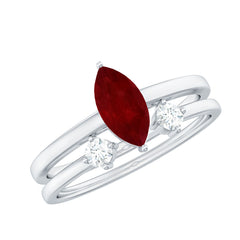 Certified Real Marquise Ruby Solitaire Ring Set with Moissanite