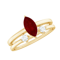 Certified Real Marquise Ruby Solitaire Ring Set with Moissanite