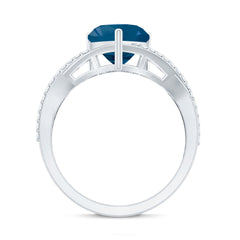 London Blue Topaz and Diamond Heart Engagement Ring in Crossover Band