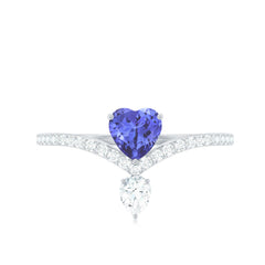 Certified Real Heart Shape Tanzanite Chevron Engagement Ring with Diamond