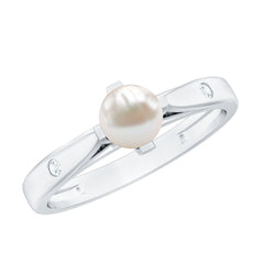 Elegant Bead Set Freshwater Pearl Solitaire Promise Ring with Diamond