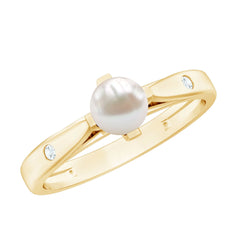 Elegant Bead Set Freshwater Pearl Solitaire Promise Ring with Diamond