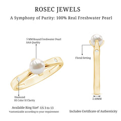 Elegant Bead Set Freshwater Pearl Solitaire Promise Ring with Diamond
