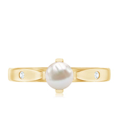 Elegant Bead Set Freshwater Pearl Solitaire Promise Ring with Diamond