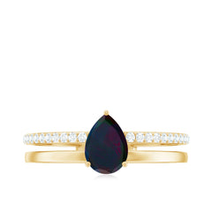 Pear Cut Black Opal and Diamond Double Band Engagement Ring